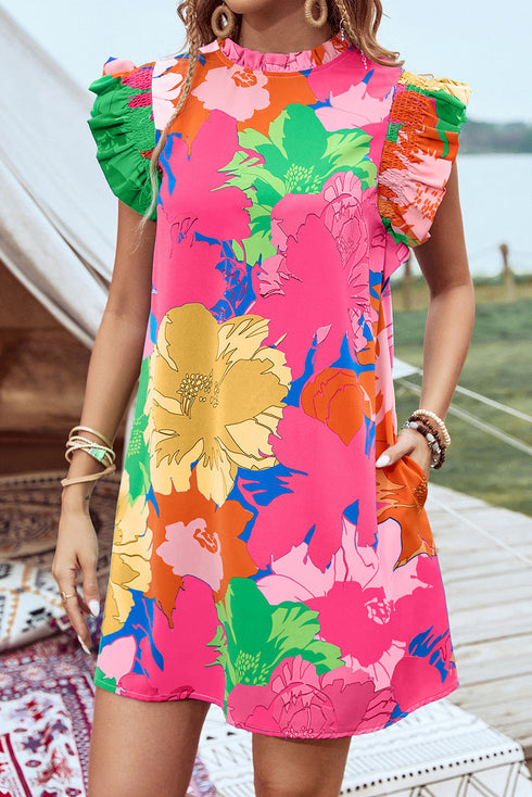 Bold Floral Flutter Sleeve Shift Mini Dress with Pockets